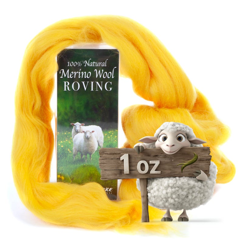 Desert Breeze Distributing 100% Natural Merino Wool Roving - Premium Combed Top Merino Roving Wool - Tapestry, Spinning, Wet Felting & Needle Felting Supplies - 21.5 Micron - 1 oz, Color Gold - Image 1